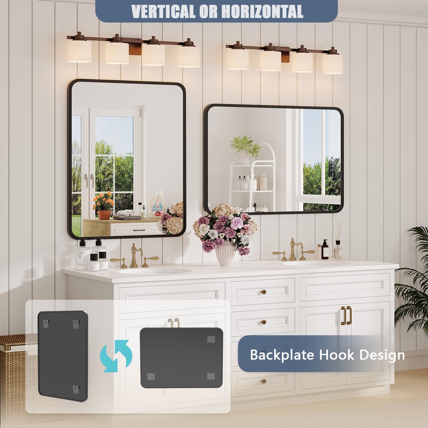 Black Bathroom Mirror for Over Sink - 22×30 Rectangle Bathroom Vanity Mirror Wall Mounted with Matte Aluminum Frame & Rounded Corners, Shatterproof Glass, Horizontal/Vertical